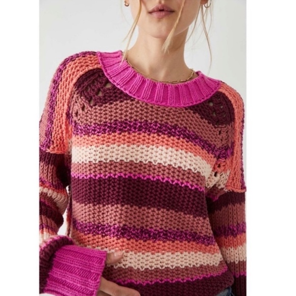 Free People Fuchsia Rose Combo Devon Open Knit Cropped Sweater Women X Small New - Picture 2 of 6